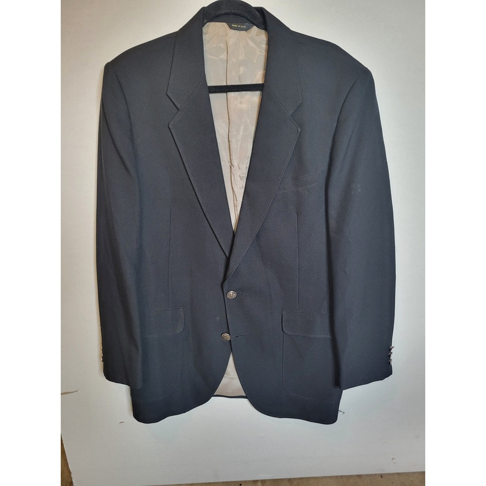Edgeworth Mens Black Two Button Blazer Jacket Made USA Silver Crest Buttons 1300